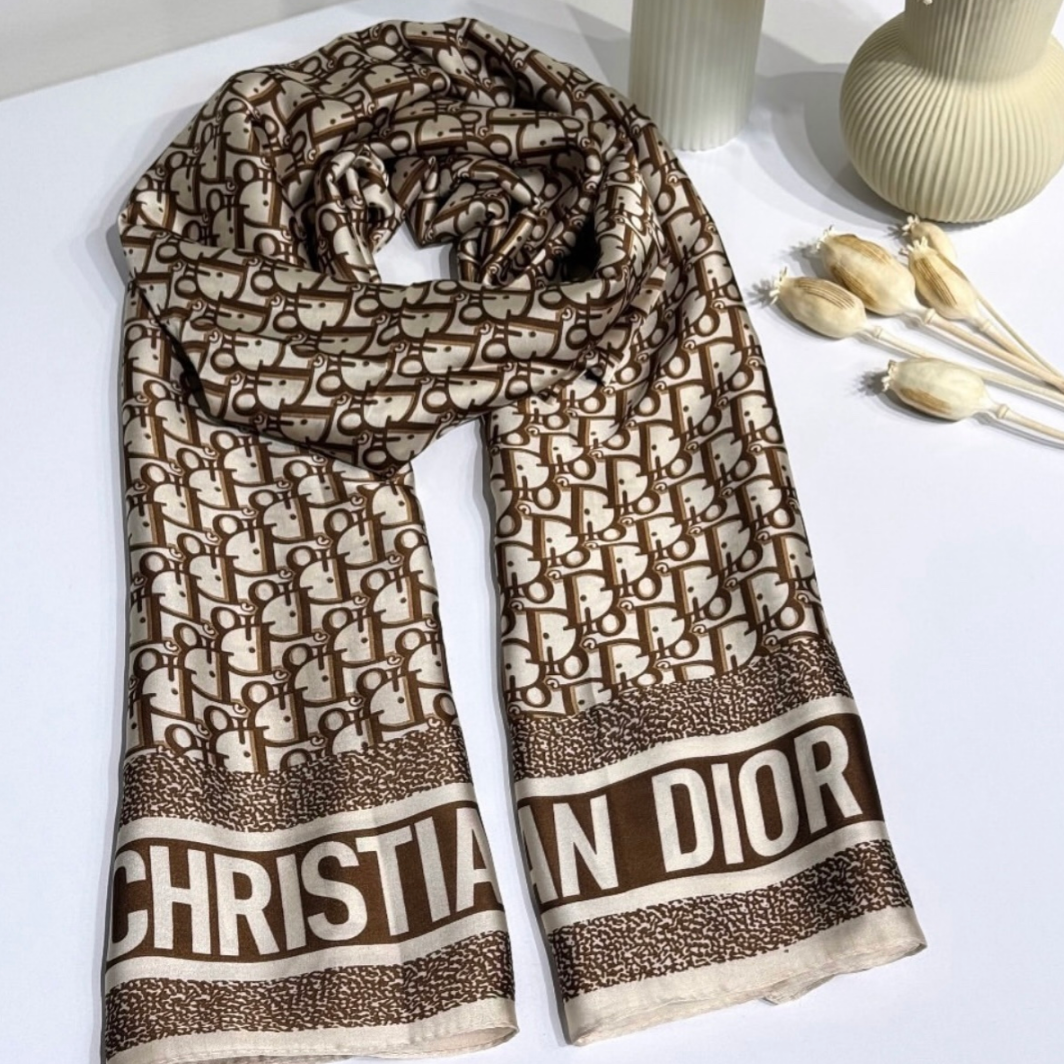 Christian Dior Brown/Beige Oblique Blend Long Silk Scarf